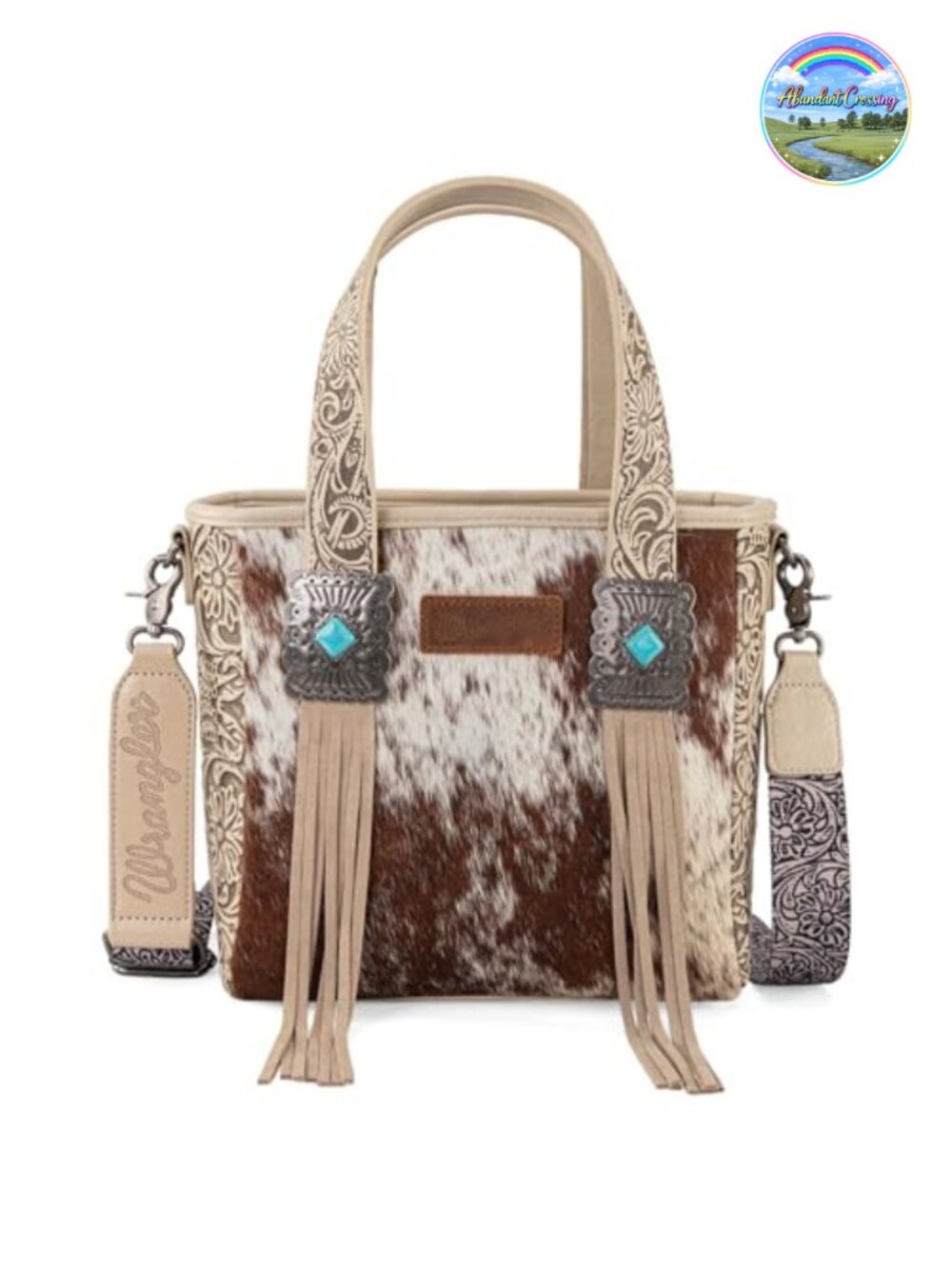 Western Cowhide Tote Bag Leather Fringing Turquoise Concho Wrangler Style